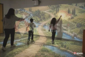 Due alunni camminano su un sentiero proiettato sul pavimento e toccano una cascina sulla mappa a parete, con l'insegnante
