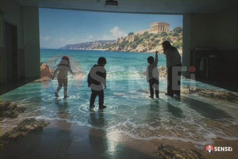 Alunni camminano tra le onde proiettate sul pavimento davanti a un tempio greco sul mare in un'aula immersiva siciliana