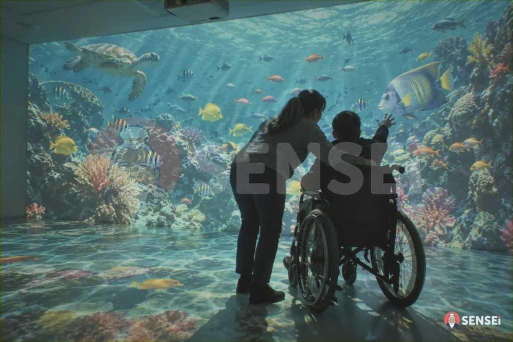 Un'educatrice accompagna un ragazzo in carrozzina che tocca un pesce dell'acquario proiettato su parete e pavimento alla Casa del Sole