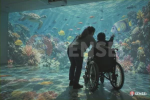 Un'educatrice accompagna un ragazzo in carrozzina che tocca un pesce dell'acquario proiettato su parete e pavimento alla Casa del Sole