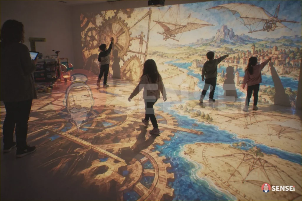 Alunni della primaria esplorano un laboratorio di invenzioni e una mappa proiettati su parete e pavimento nell'aula immersiva