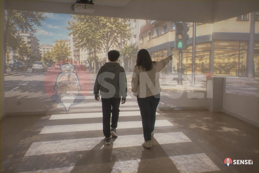 Un ragazzo e un'educatrice attraversano le strisce pedonali proiettate sul pavimento, con semaforo e supermercato sulla parete