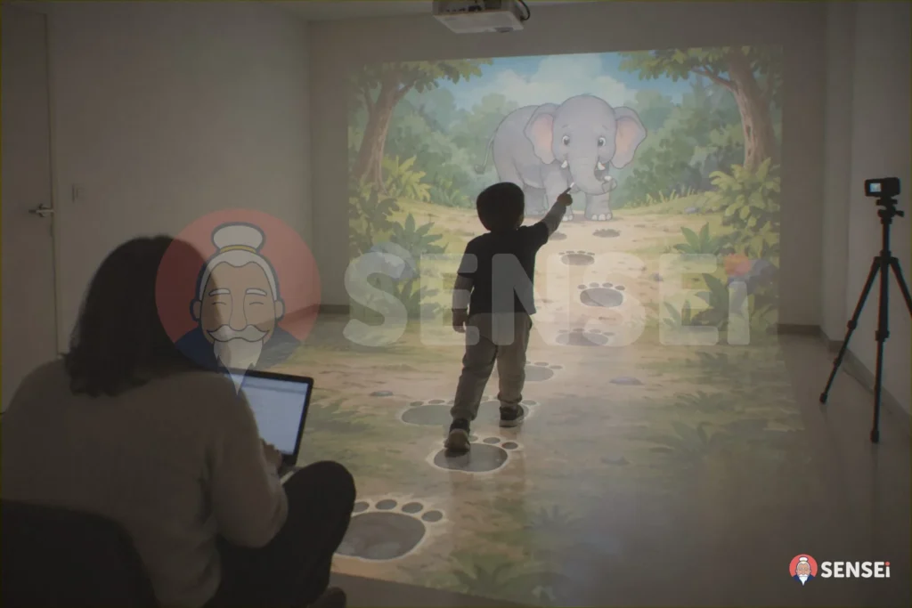 Un bambino indica un elefante proiettato a parete durante una sessione di ricerca, con una ricercatrice al computer e una videocamera