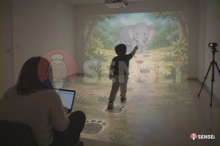 Un bambino indica un elefante proiettato a parete durante una sessione di ricerca, con una ricercatrice al computer e una videocamera